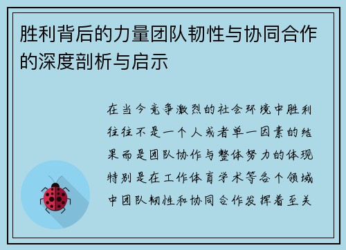 胜利背后的力量团队韧性与协同合作的深度剖析与启示